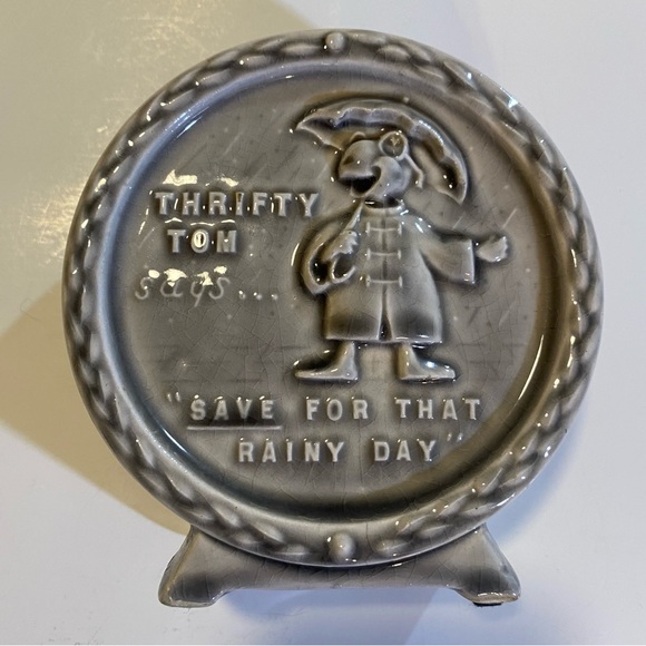 Vintage Thrifty Tom Whitestone Savings ceramic bank, has chip see last pic, H 5” - Picture 4 of 8